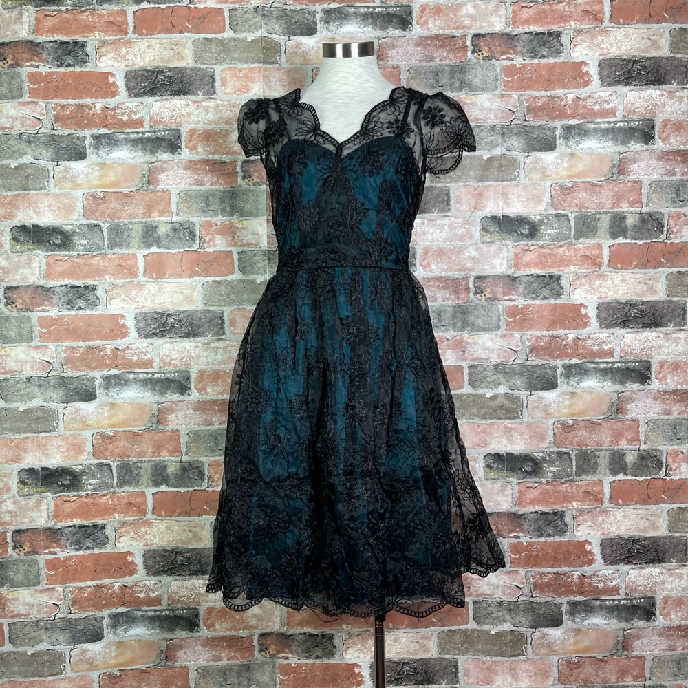 Voodoo Vixen Retro Pin Up 50s May Teal Lace Overlay Taffeta Dress - Picture 6 of 8
